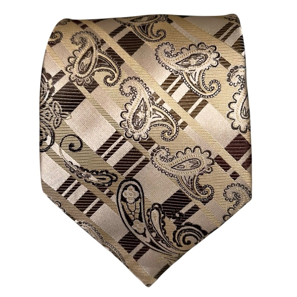 Vtg Kai Long Mens Tie Handmade Silk Champagne Gold Paisley Necktie 58x3.75”